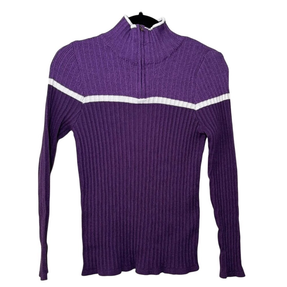 Great Northwest Half-Zip Ribbed Sweater Purple Color Block w/White Strip - Picture 1 of 13